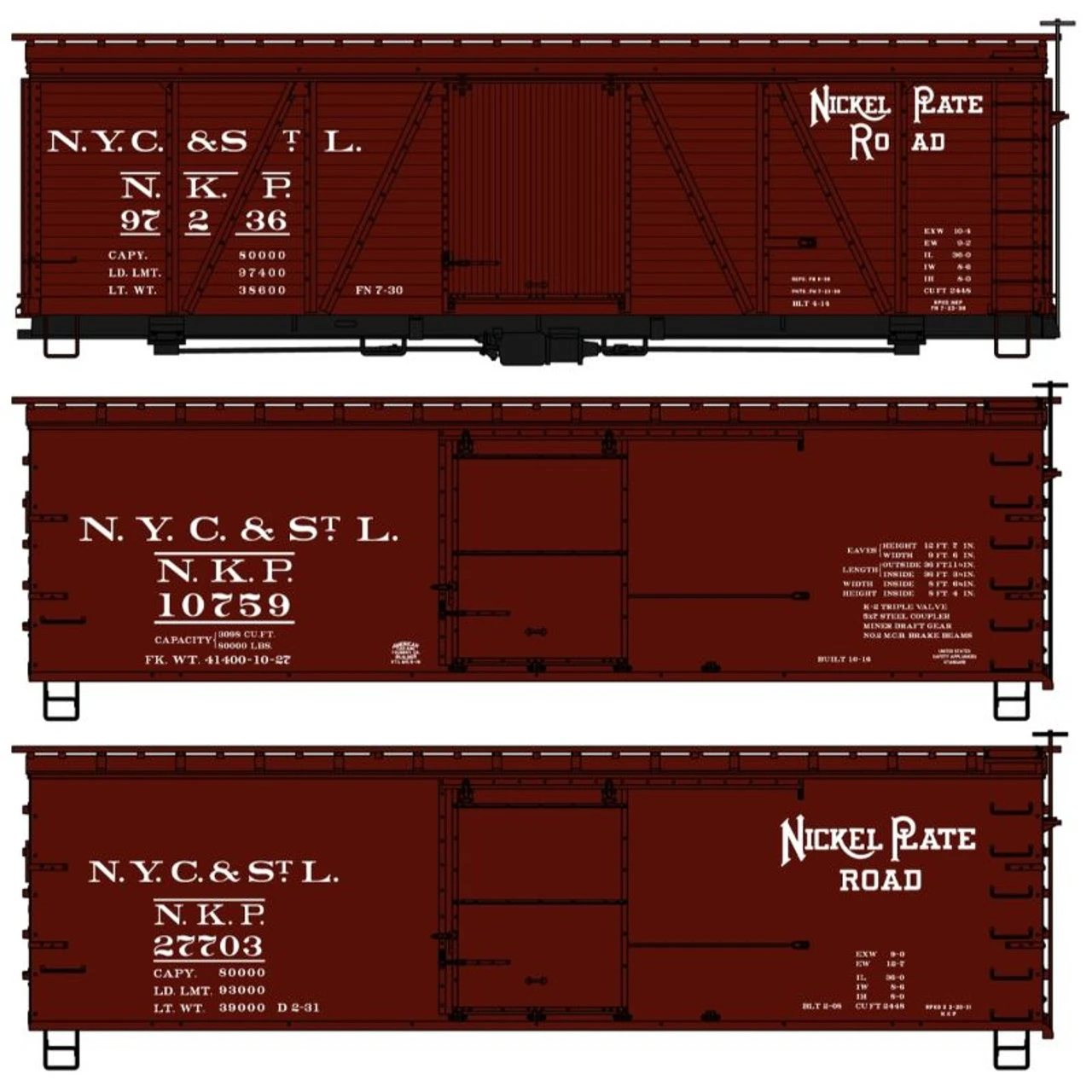 Accurail 8140 - 36' Boxcar (3) Nickel Plate Road (NKP) 97236, 10759, 27703 - HO Scale Kit 3 Accurail 8140 - 36' Boxcar (3) Nickel Plate Road (NKP) 97236, 10759, 27703 - HO Scale Kit
